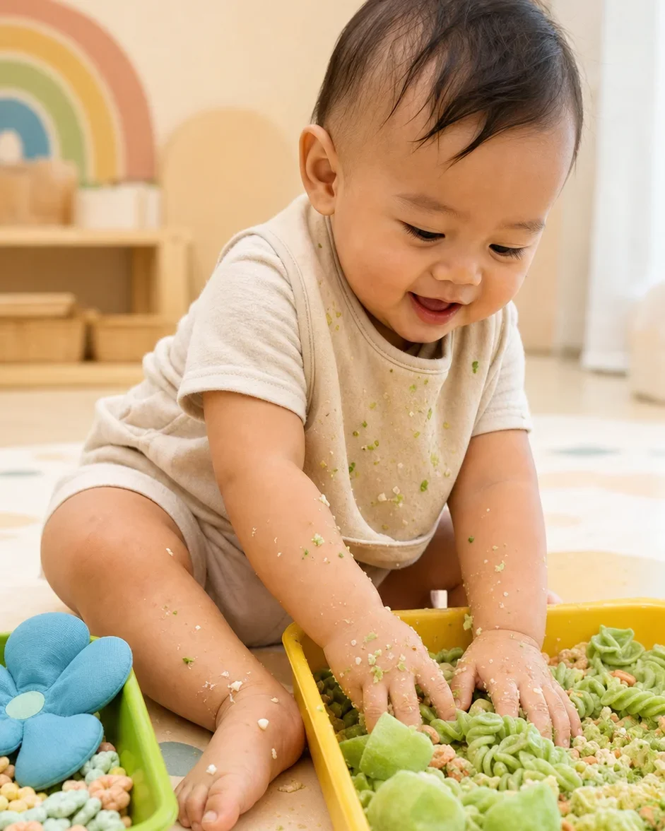 A smiling toddler playing with green pasta in a yellow tray with crumbs and pieces on their hands and shirt, sitting on a colorful mat in a bright room.