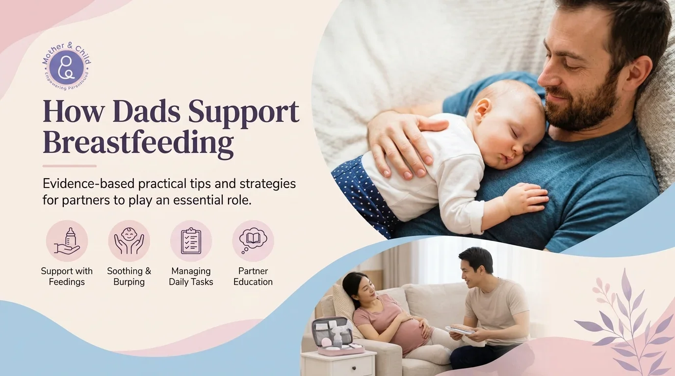 Mother & Child blog hero banner: "How Dads Can Successfully Support Breastfeeding," featuring a father holding a sleeping baby and icons representing practical and emotional support.