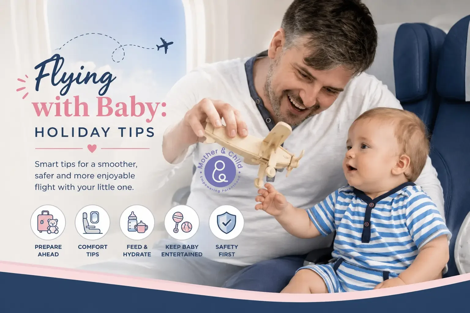 Father entertaining his baby with a toy airplane during a flight, illustrating practical holiday travel tips for flying safely and comfortably with a baby.