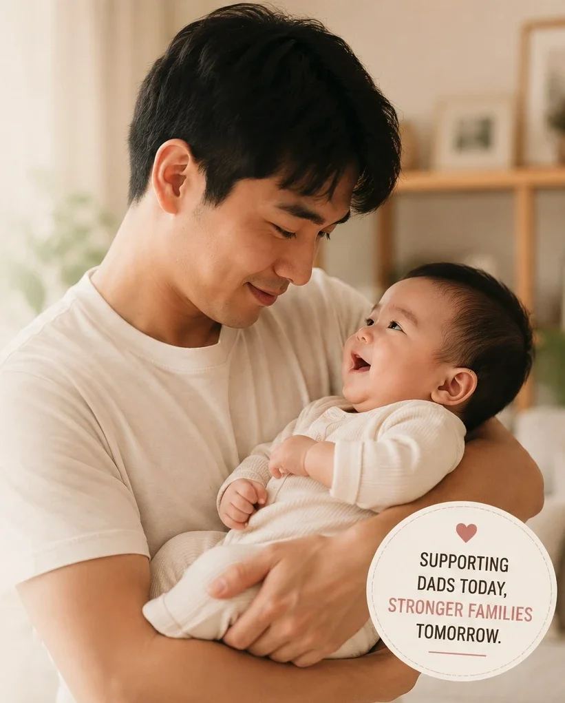 Father and baby sharing a bonding moment, highlighting the importance of involved dads, parenting education, and family wellbeing | Singapore