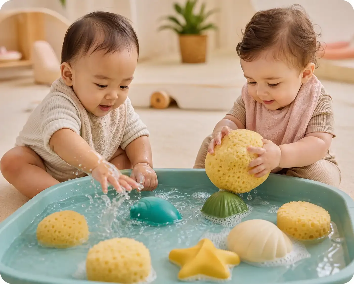 Two toddlers playing in a water table with yellow and white sponges and toy sea creatures.
