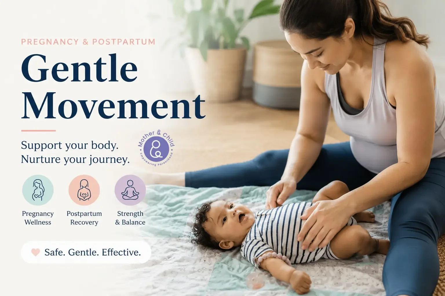 Mother practicing gentle postpartum movement exercises with her baby in Singapore, supporting recovery, mobility, core strength, and overall maternal wellness.