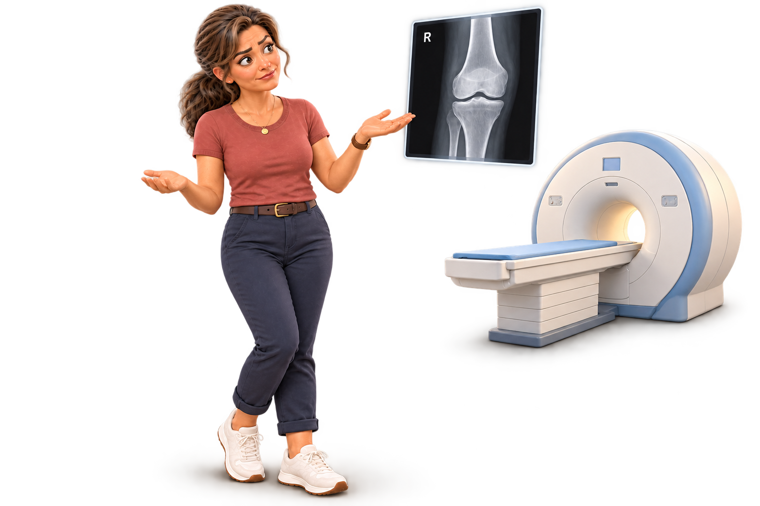 Woman considering whether an X-ray or MRI might be useful