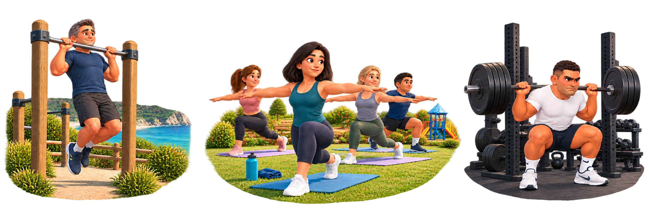 People maintaining strength and fitness through outdoor exercise, group exercise and strength training