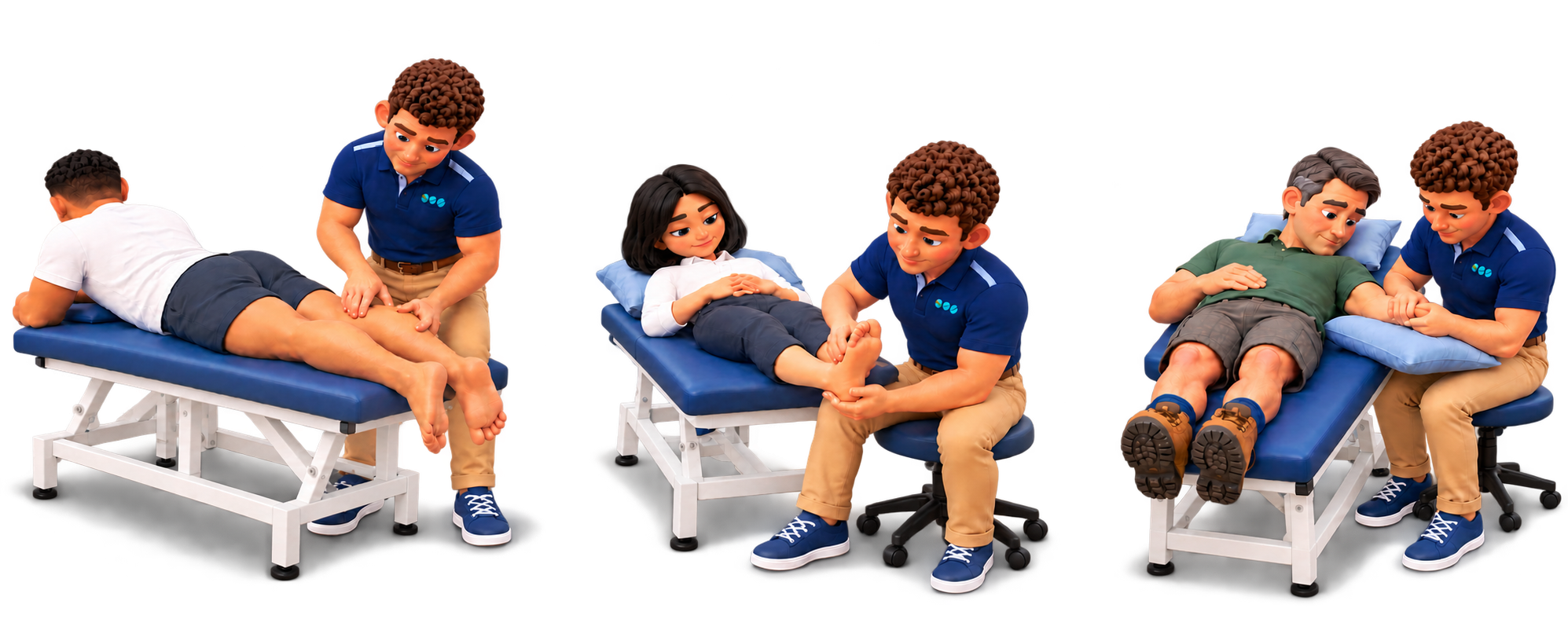 Physiotherapist assessing a calf injury, ankle sprain and wrist injury
