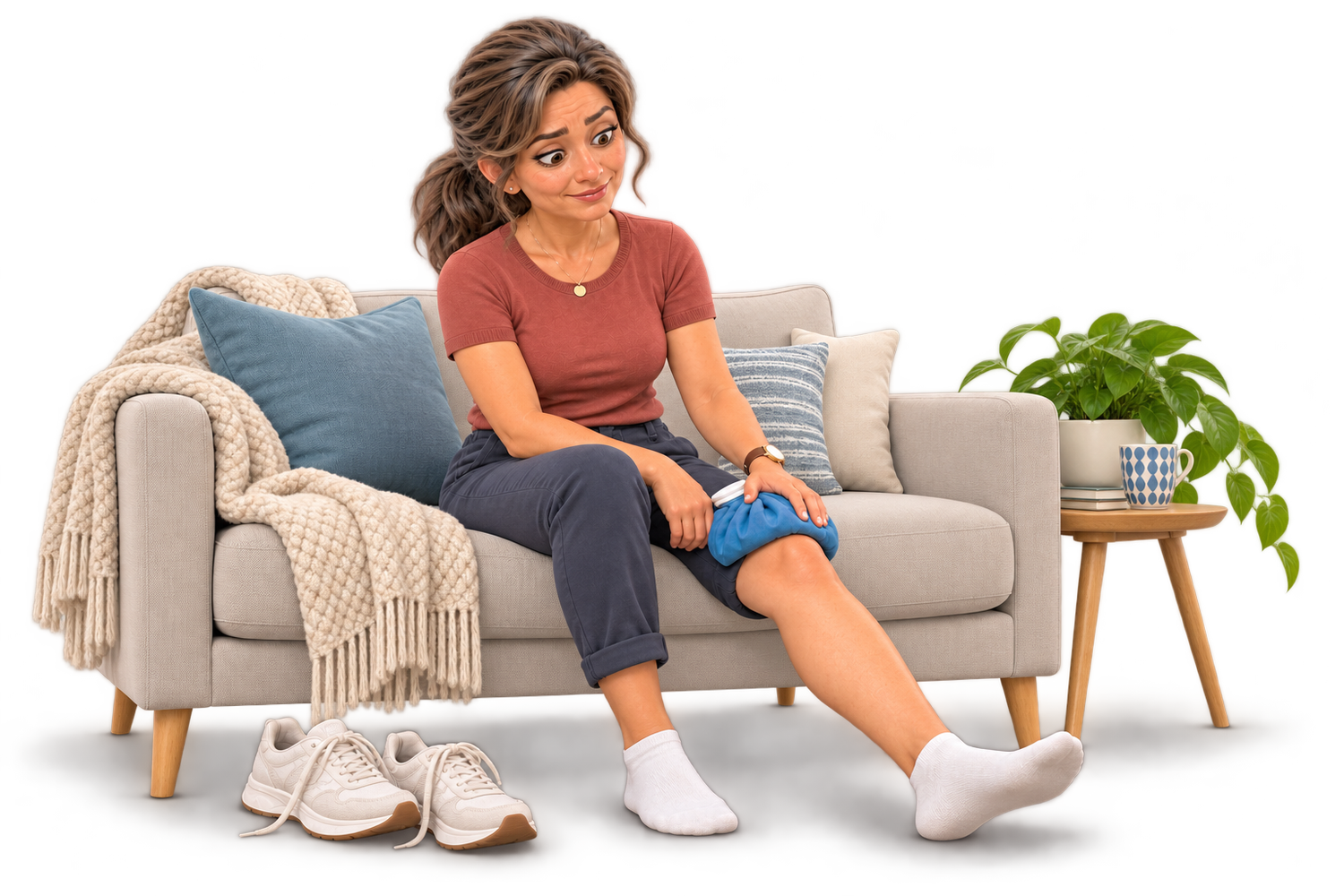 Woman resting on a sofa with an ice pack on her knee