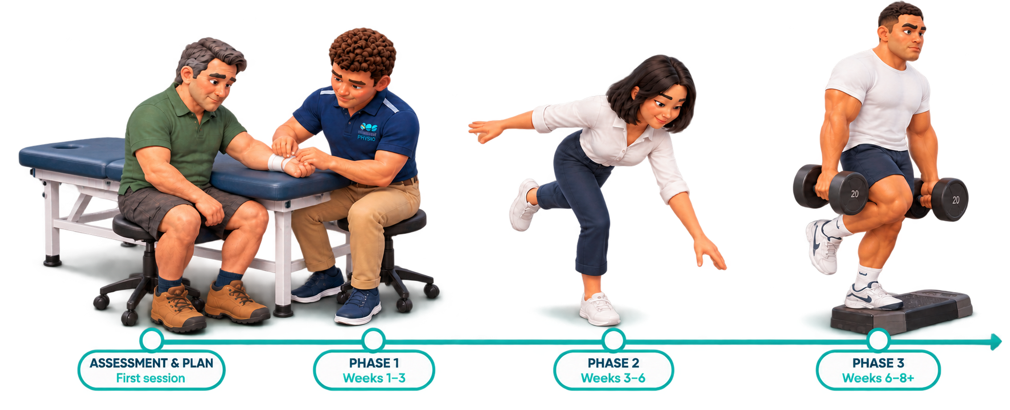Rehabilitation timeline showing assessment, early treatment, balance rehabilitation and progressive strength training