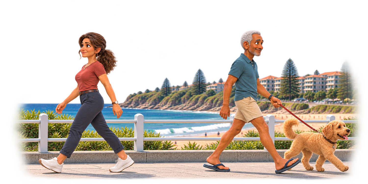 Two people staying active and walking comfortably along the seaside promenade