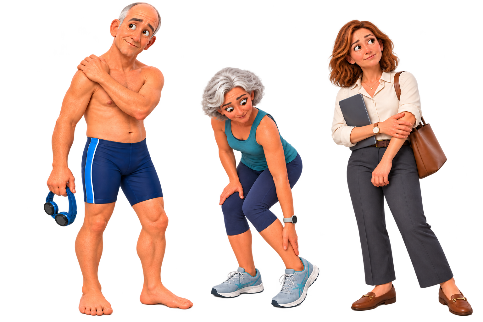 Three people with gradually developing shoulder, Achilles and elbow problems