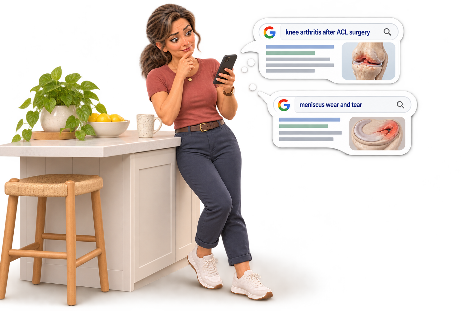 Woman searching online for information about possible changes inside her knee