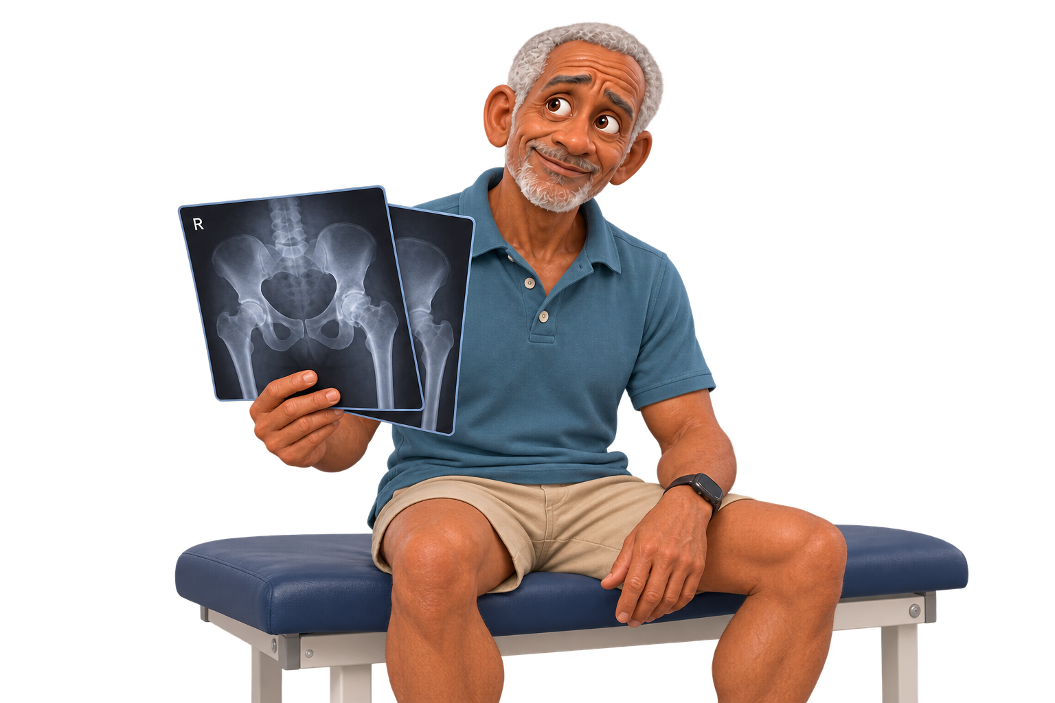 Older man sitting and examining X-rays after being diagnosed with hip osteoarthritis