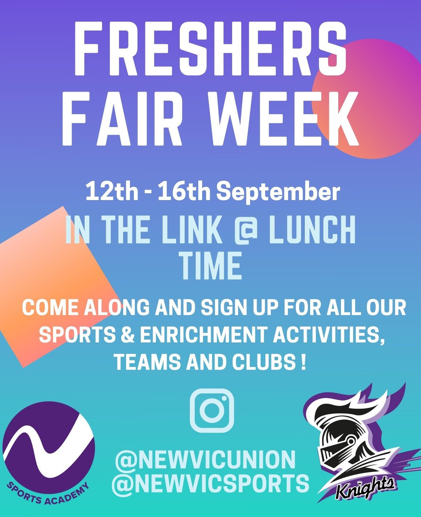 Looking forward to NewVIc Sports Academy and Student Development Freshers Fair next week!

Monday 12 - Friday 16 September 2022 in the link between 12 - 2pm each day.

Come along, sign up and join in. Don't miss out!

#newvicsportscademy #onecollegeo
