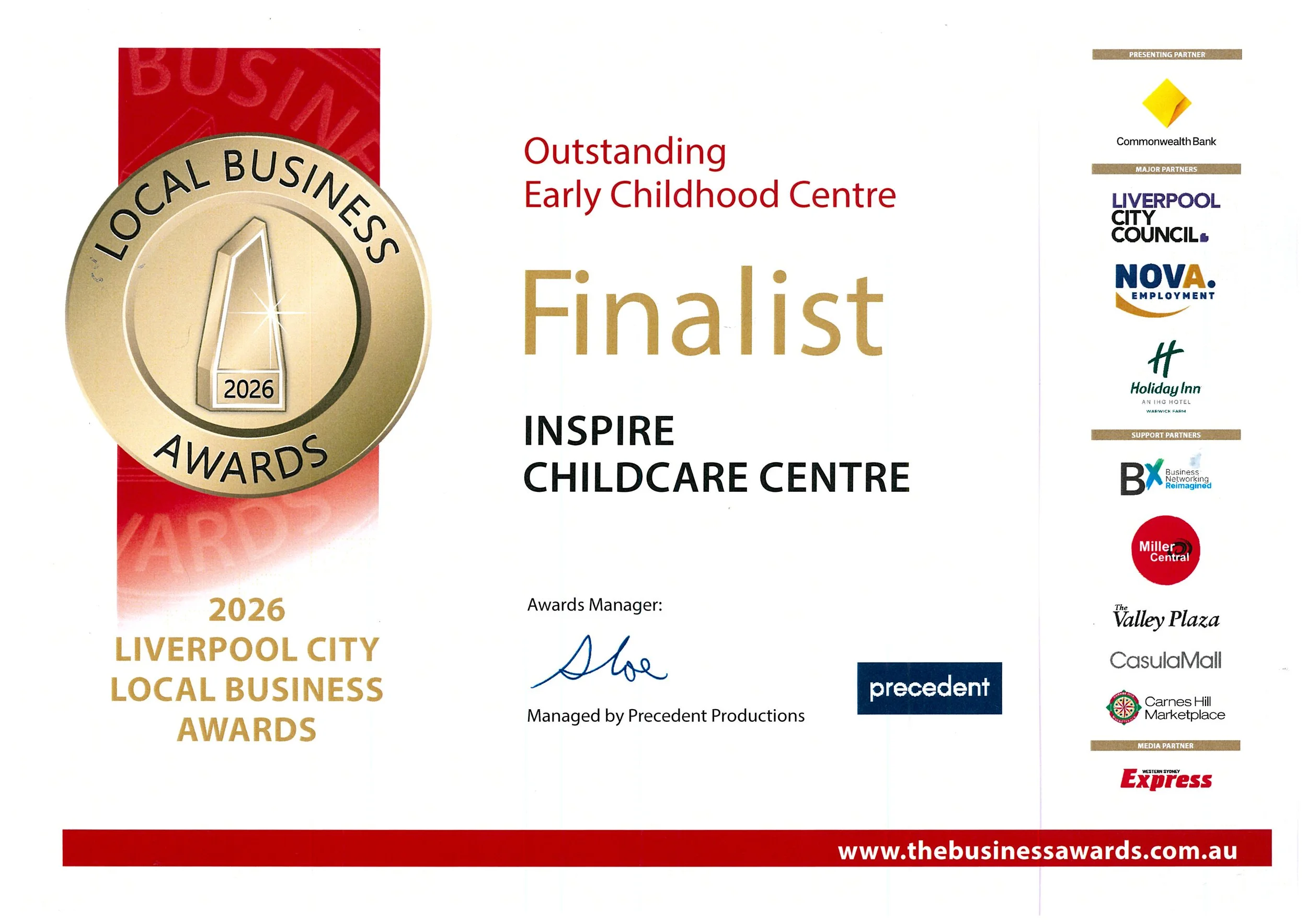 Certificate of finalist for the 2026 Liverpool City Local Business Awards presented to Inspire Childcare Centre, with logos of sponsors and partners, including Commonwealth Bank, Liverpool City Council, Nova Employment, Holiday Inn, Business Networking Reimagined, Casual Mall, Carnes Hill Marketplace, and Western Sydney Express.