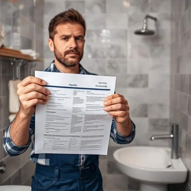 plumber is complaining with a paper, displaying a project timelines sheet, with a back ground of a bathroom.jpg