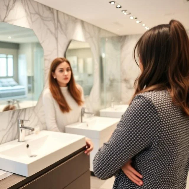 A customer rudely expresses a complaint in a bathroom showroom..jpg