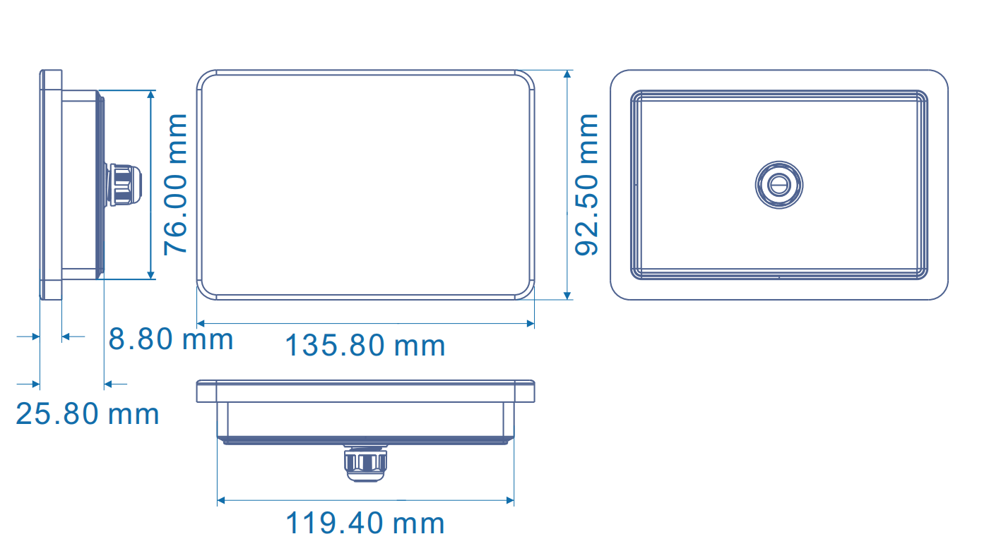 Technical drawing of a rectangular object with detailed measurements in millimeters from multiple angles: top, side, and front views.