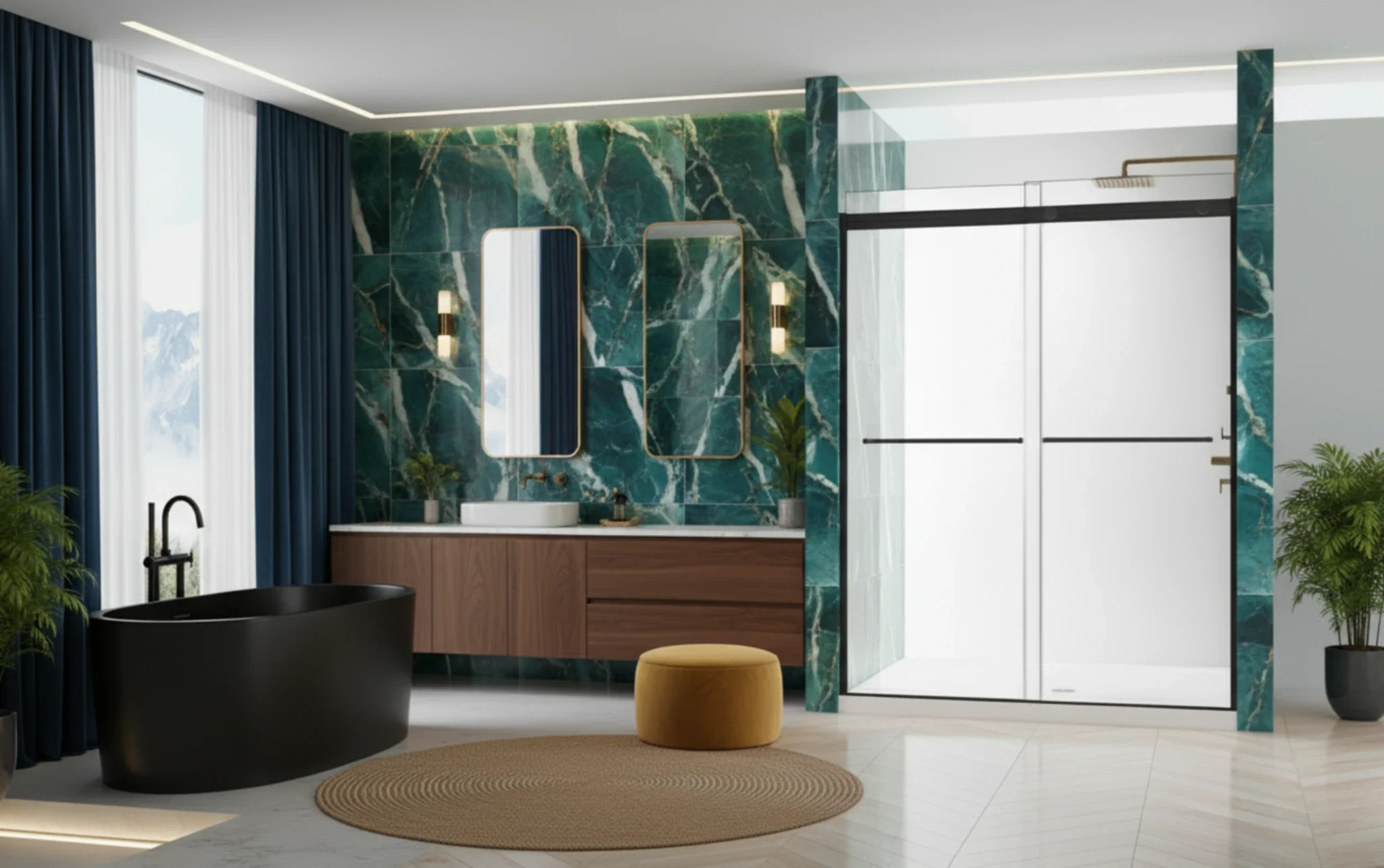 Modern bathroom with green marble wall, two mirrors, black bathtub, walk-in shower, wooden vanity, yellow ottoman, plants, and large windows with curtains.
