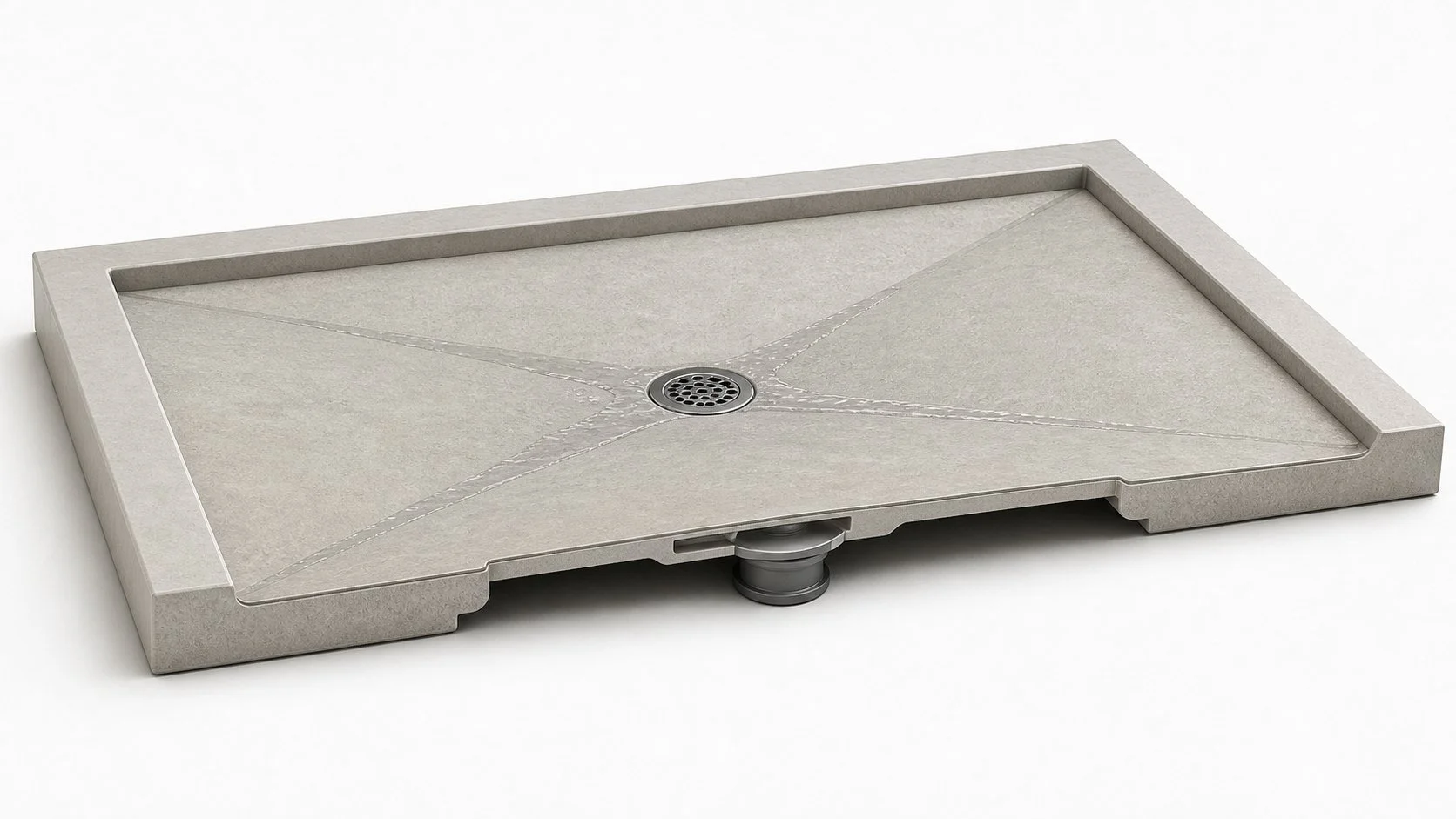 Illustrative shower tray cutaway showing a level perimeter landing and an internal surface falling toward the waste