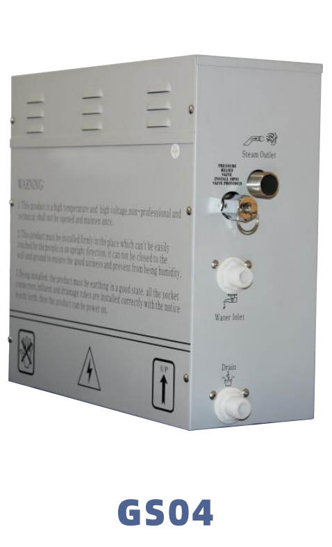 A metal steam outlet box with water inlet and drain connections, labeled for pressure, relief, and safety, with protective warning icons, labeled GS04.
