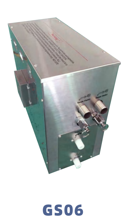 A stainless steel machine with two silver knobs labeled 'Steam Outlet' and 'Steam Overflow,' two small levers, and a larger white knob, labeled 'GS06' at the bottom, used for steam control.