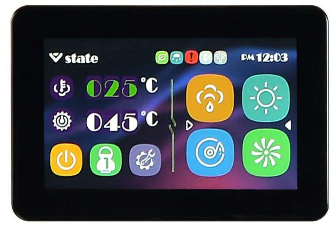 Digital control panel displaying temperature settings of 25°C and 45°C, weather icons, and various function icons including power, light, fan, and settings, with a time of 12:03 PM.