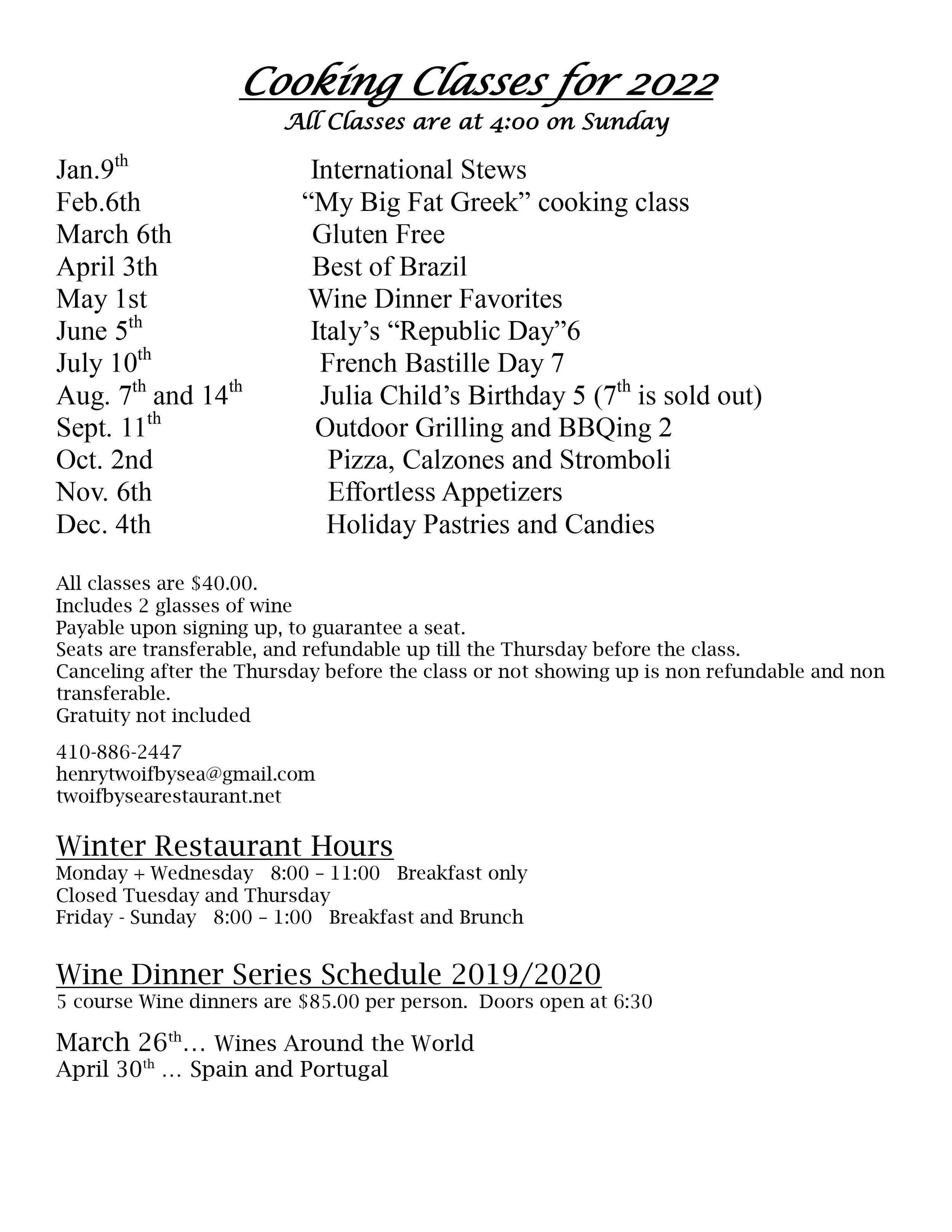 Cooking Classes Calendar — Two If By Sea restaurant