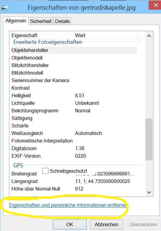 Link zum Entfernen der GPS-Daten