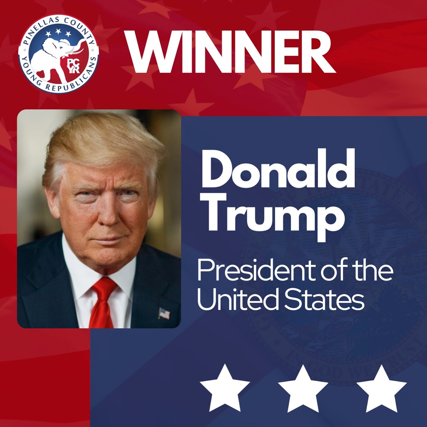 Congratulations to Donald J. Trump, reelected as our next President of the United States of America! And congratulations to all the Republican Pinellas County winners for US House, US Senate, Florida House, Florida Senate, and Pinellas County Commiss