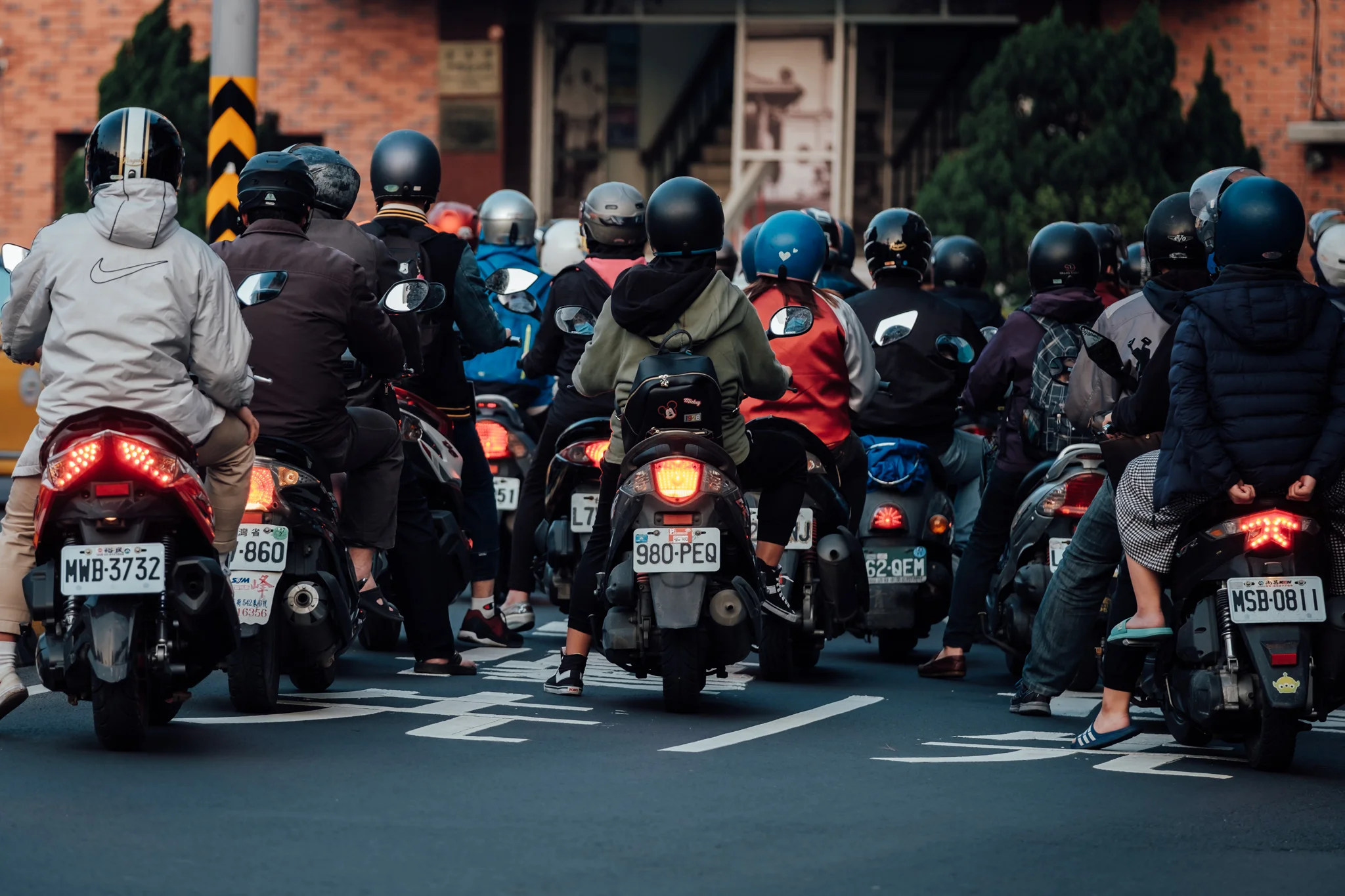 Row of scooters at one of the busiest roundabout in Tainan City