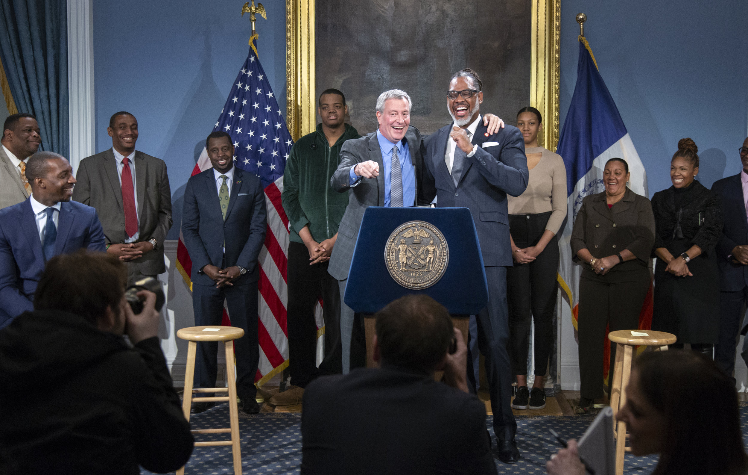 City Council Member Robert Cornegy Jr. And Mayor de Blasio Share A Laugh