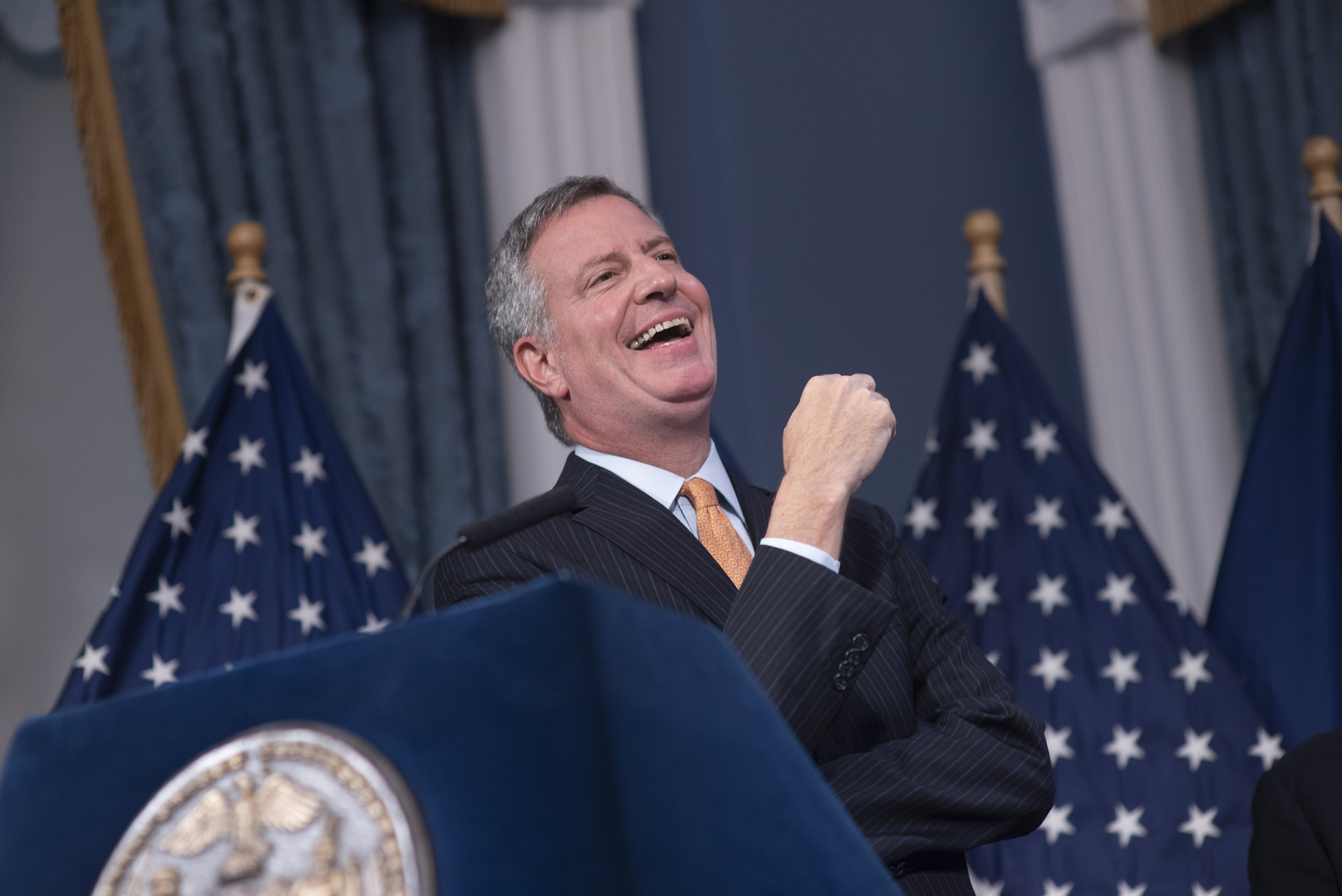 Mayor Bill de Blasio Laughs During Bill Signing Ceremony