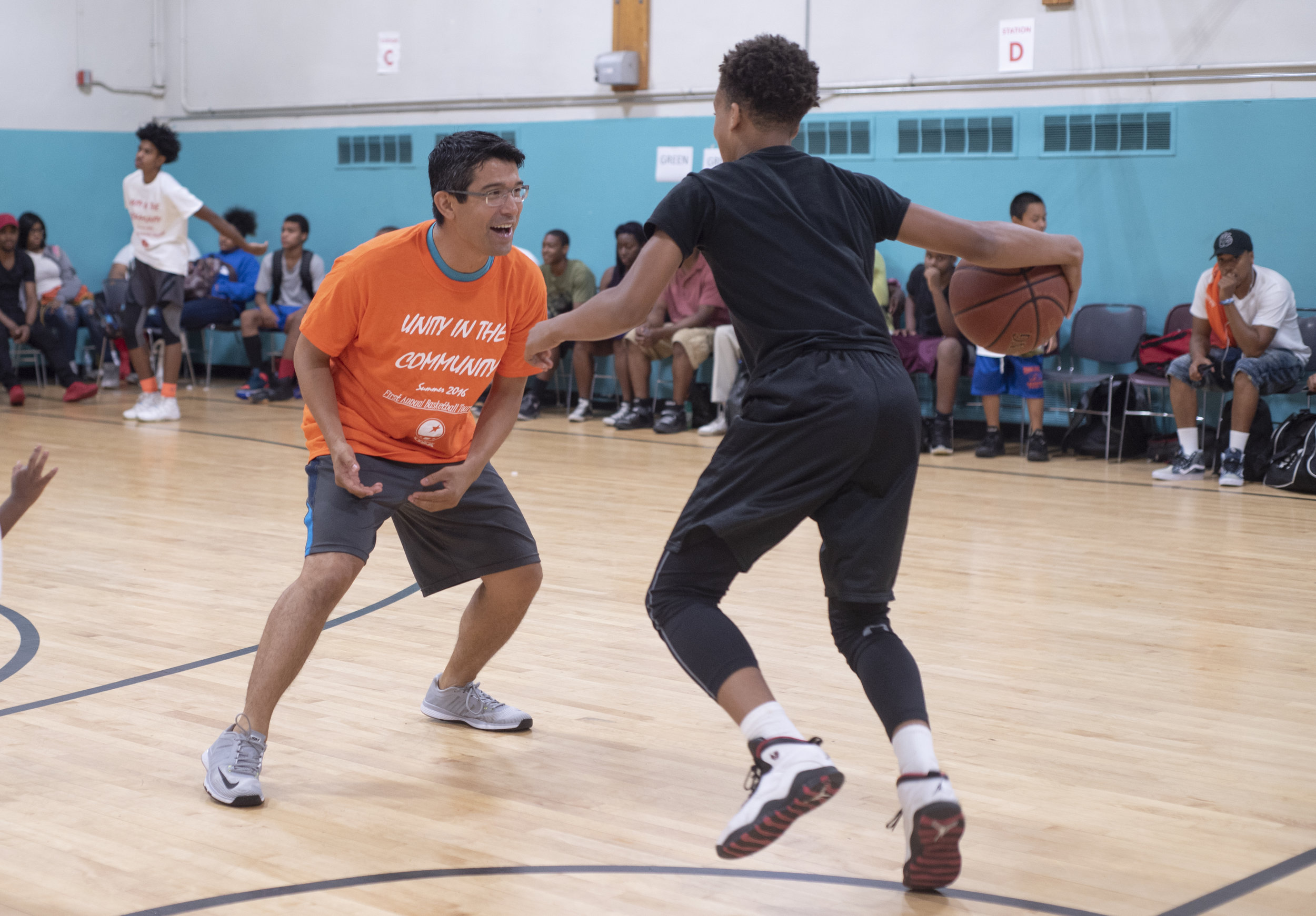 City Council Member Carlos Menchaca Participates In NYPD Community Basketball Game In Red Hook 