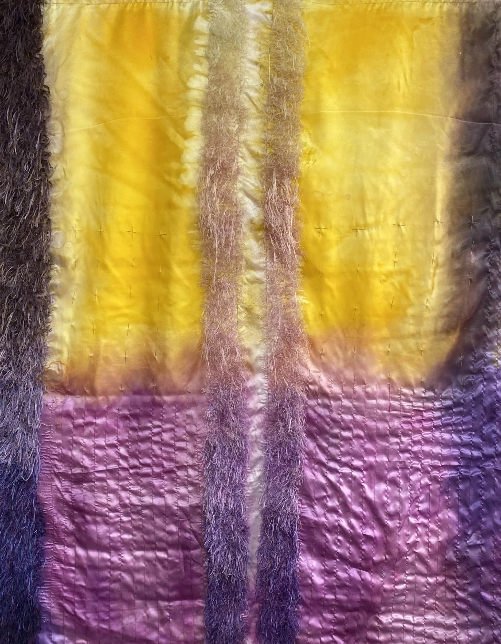 240x120cm, silk paint, needles, wax, embroidery on silk