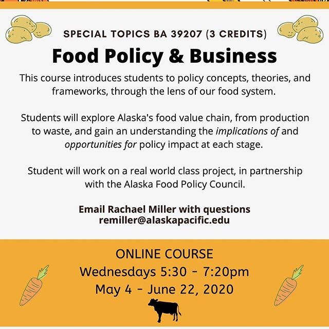 Need to a few more elective credits this summer? We have you covered! Check out these courses:
&ldquo;Food Policy &amp; Business&rdquo; @alaskapacific and &ldquo;Best If Used By When&rdquo; @uaacoh 
Email or DM is for more information! hello@freshnor