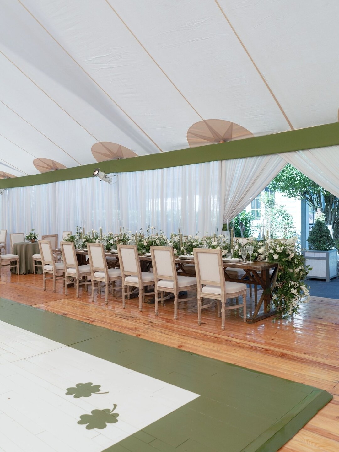 &quot;I can be your lucky penny, you can be my four leaf clover&quot; 🍀 Happy St. Patrick&rsquo;s Day! 
.
.
.
#stpatricksday #greenwedding #tentdraping #fourleafclover #eventdraping #tententrance #polecovers #valance #greenvalance #walldraping #luxu