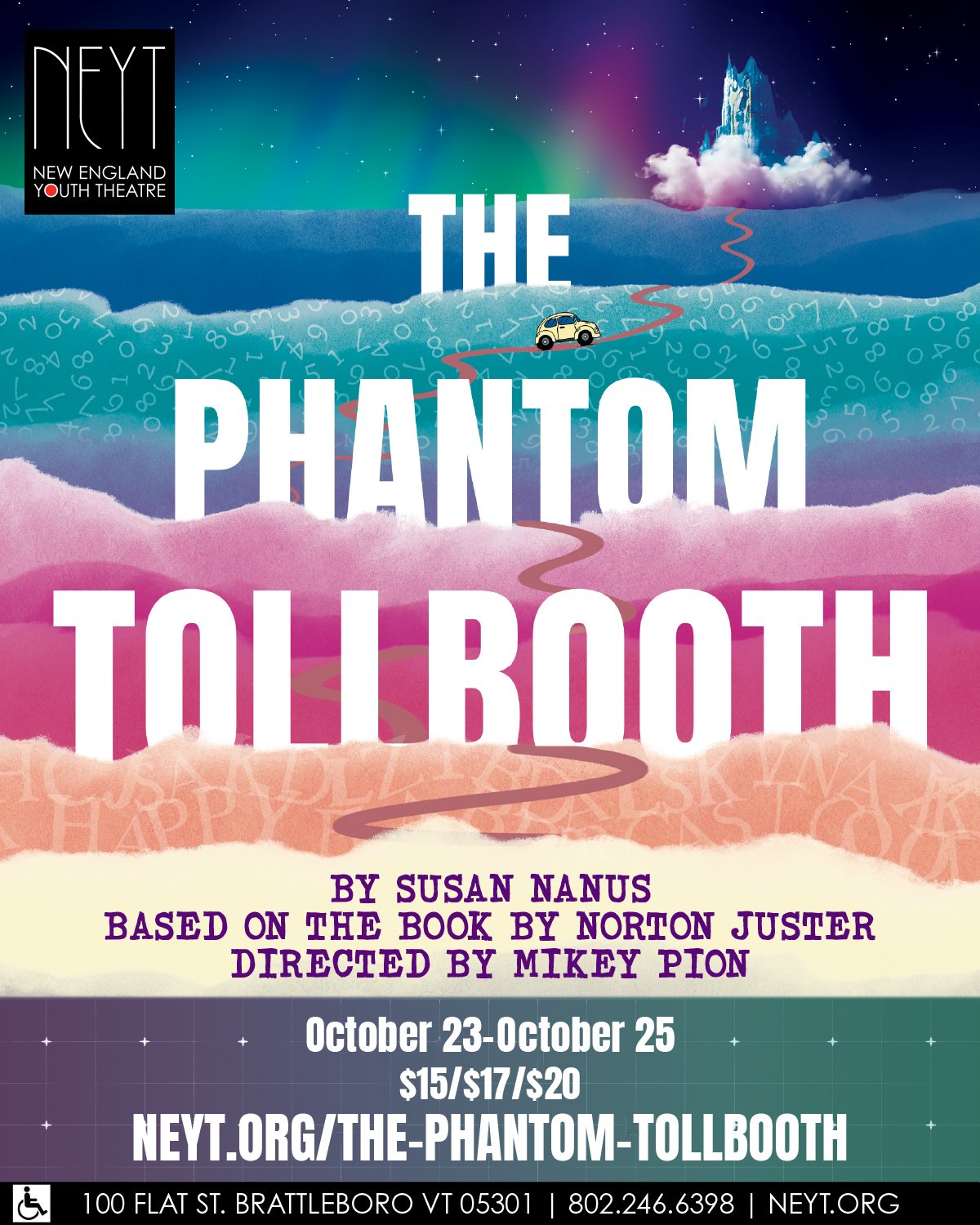 Poster for THe Phantom Tollbooth Featuring a watercolor landscape with a path heading to a castle with a car. Poster reads: THe Phatom Tollbooth by Susan Nanus based on the book by norton juster, directed by Mikey Pion. October 23-October 25