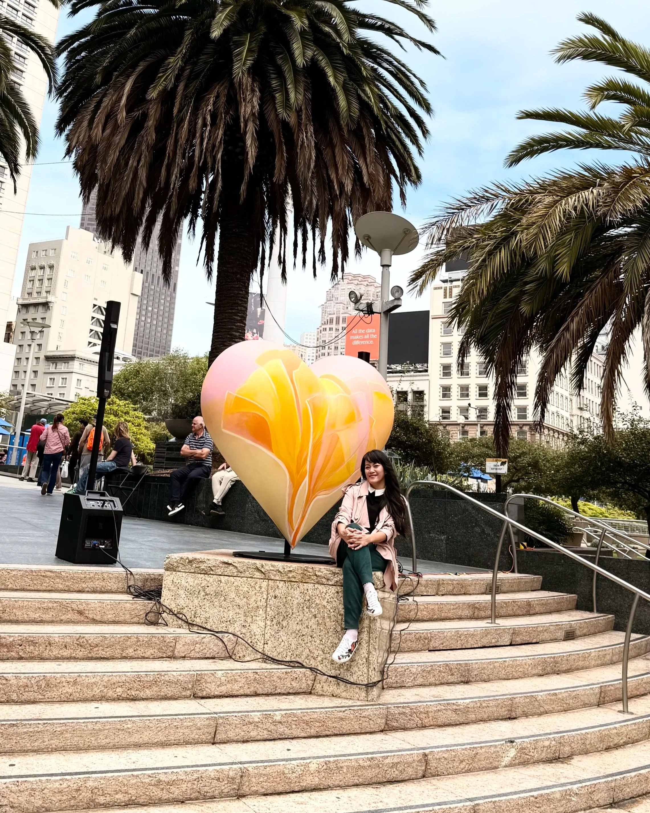Dev Heyrana at the public unveiling of her SŌL heart sculpture in Union Square at Powell and Geary, San Francisco