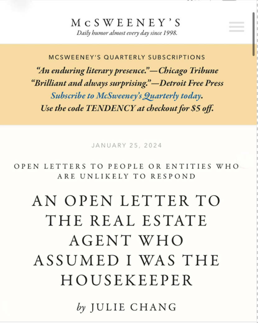 Julie Chang — writer and copywriter.

“Every time I take a BWC class I find new inspiration and the words to shape the random memories and yearnings that have been haunting me. I’ve already published two stories in The Rumpus that began as workshop p