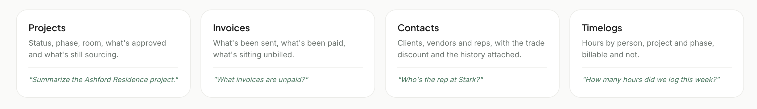Four example prompts showing how to ask Walter, Workroom’s AI assistant, about projects, invoices, contacts, and timelogs.