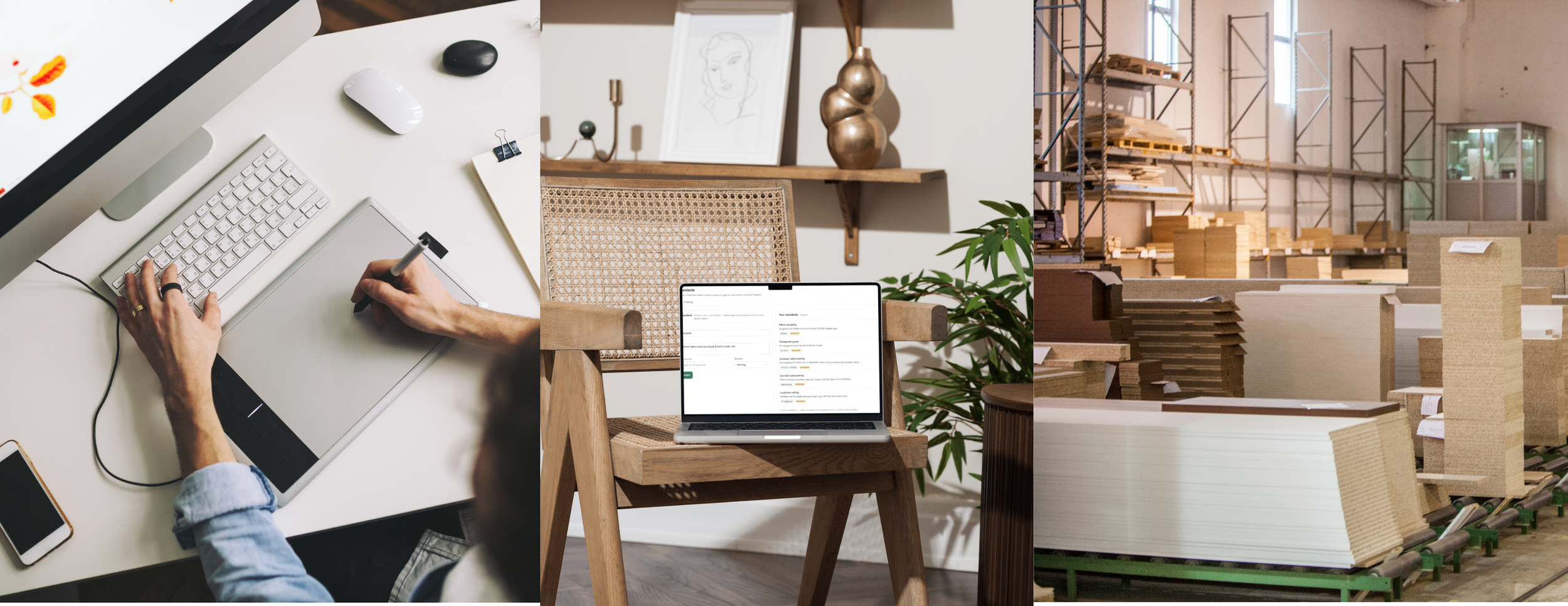 Tri-split image with woman working at computer, a laptop on a chair and hard surfaces stacked in warehouse.