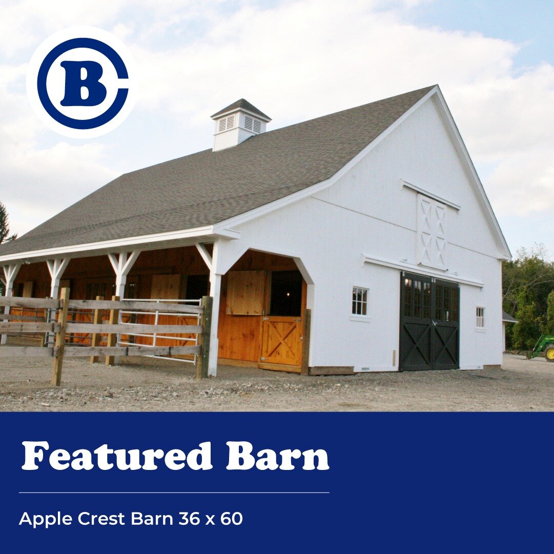 Applecrest Horse Barn &ndash; 36&rsquo; x 60&rsquo; 14&rsquo; post and box-beam stall barn with four 12&rsquo; x 12&rsquo; stalls and side entry under 12&rsquo; x 60&rsquo; overhang, 12&rsquo; x 36&rsquo; cross-aisle with two 12&rsquo; x 12&rsquo; st