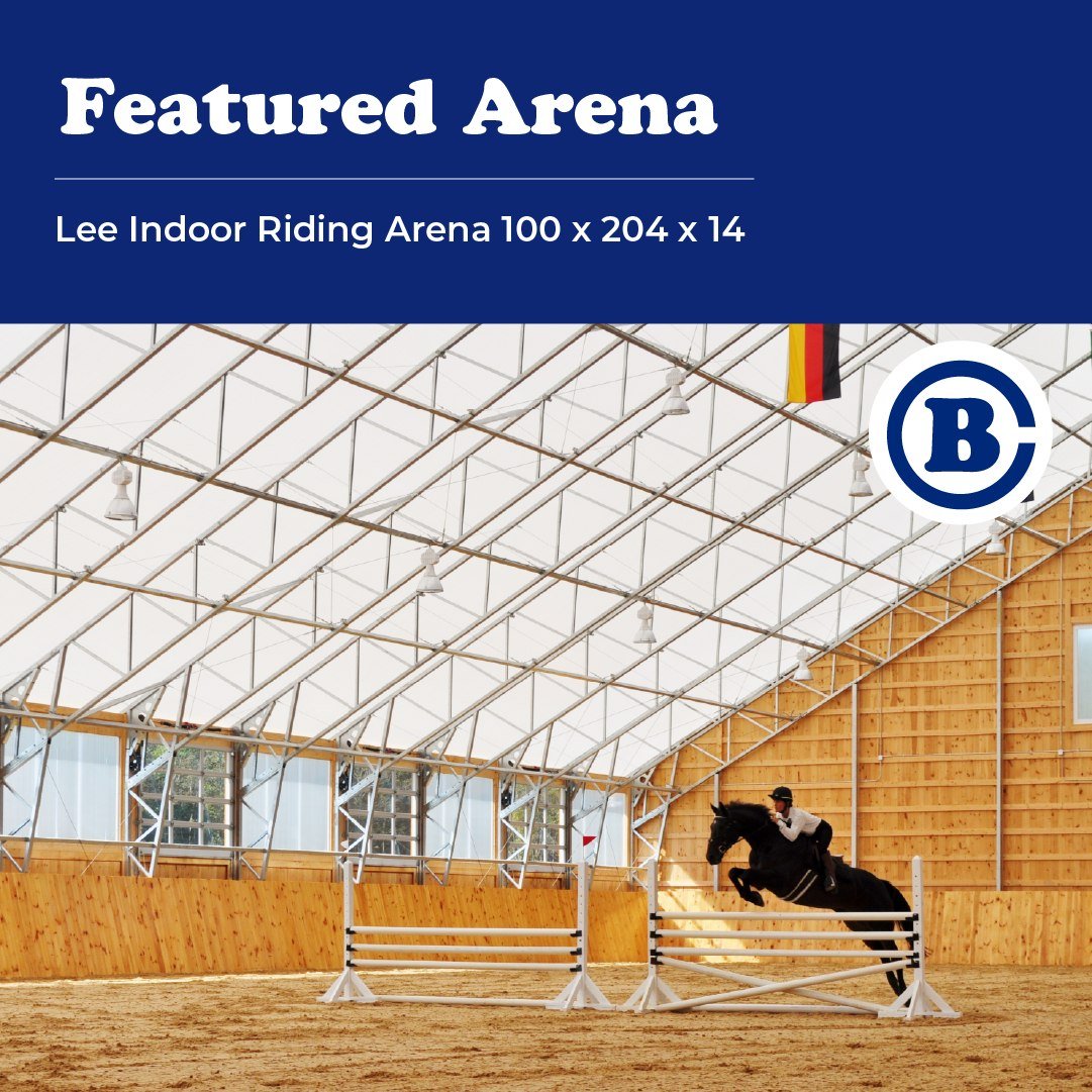 Featured Building: Lee Indoor Riding Arena
In addition to our traditional wood-frame arenas, we also offer (in cooperation with Iron Horse Structures) steel-framed fabric roofed arenas which can go as wide as 150&rsquo; (wood-framed arenas max out at