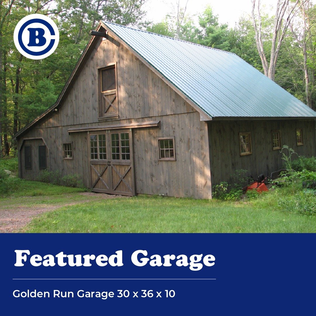 Featured Building: Golden Run Garage
This 30&rsquo; x 36&rsquo; x 10&rsquo; storage building has a full loft above the post-frame first floor storage area. The home office is in the enclosed overhang off the side of the garage. Features include split