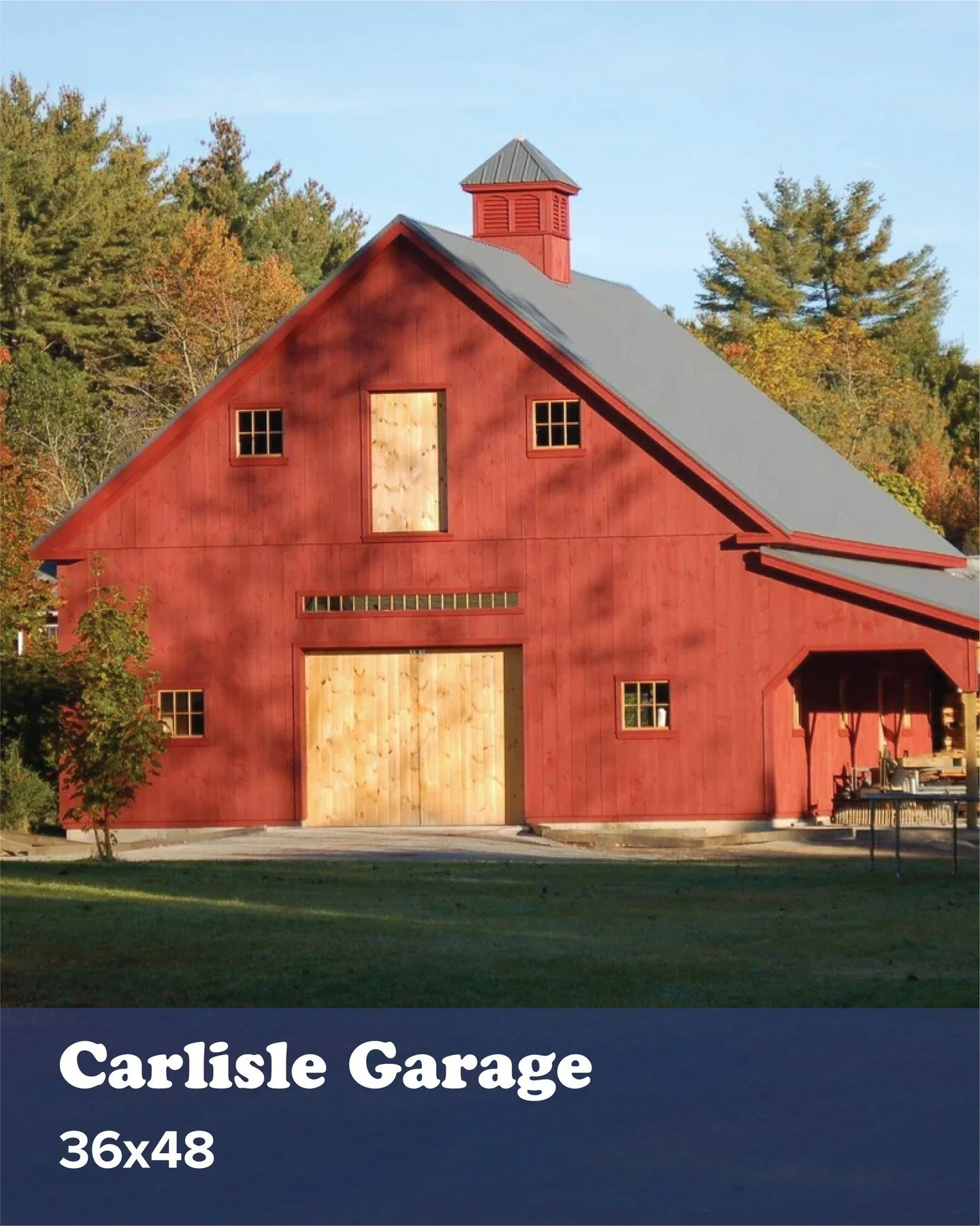 The Carlisle Garage has the perfect classic barn aesthetic, with a clear-span first floor on foundation, 10&prime; x 48&prime; open shed overhang, &amp; 4&prime; x 4&prime; standard venting cupola. Check out our gallery online &amp; see how much fire
