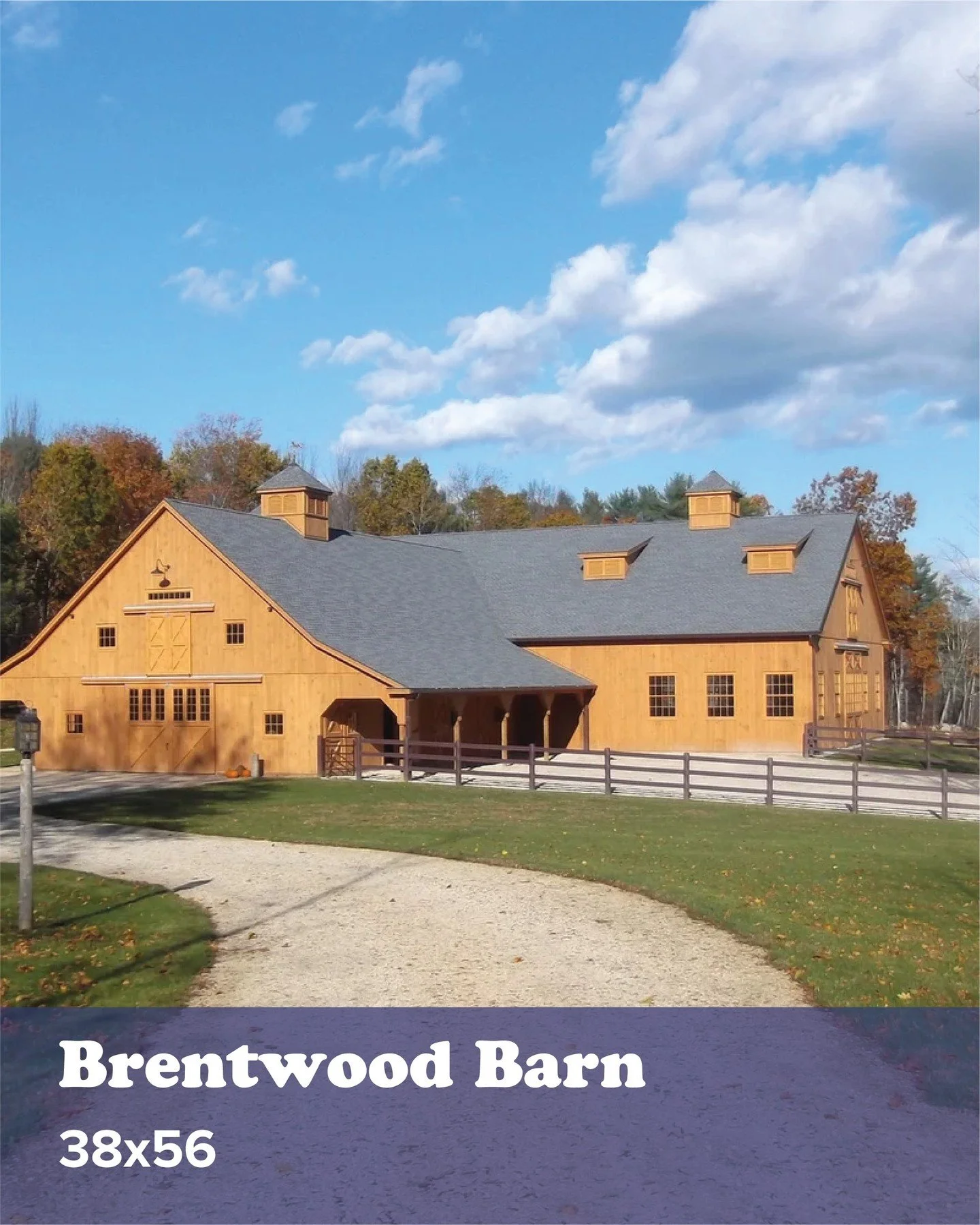 The Brentwood Barn is a popular wood-frame stall barn kit with two 12&prime; x 10&prime; split sliding doors with glass, a raised center aisle, four 12&prime; x 14&prime; standard stalls with wood-framed arched sliding stall doors &amp; center wall g