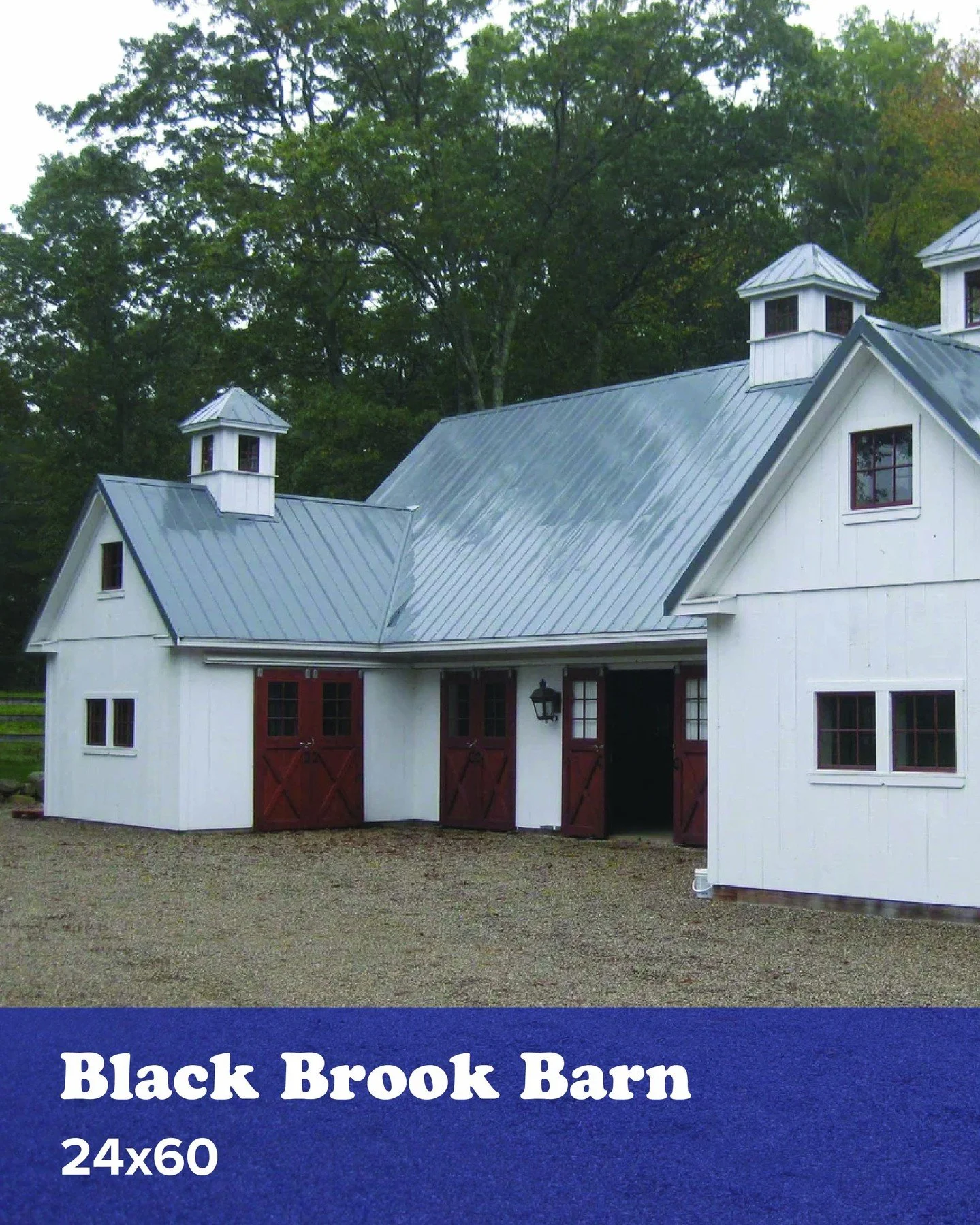 The Black Brook Barn has five custom 12&rsquo; x 12&rsquo; stalls with arched steel grills, center stall doors &amp; exterior Dutch stall doors, a 12&rsquo; x 12&rsquo; wash stall, 12&rsquo; x 12&rsquo; finished tack room with sink, &amp; a full 24&r