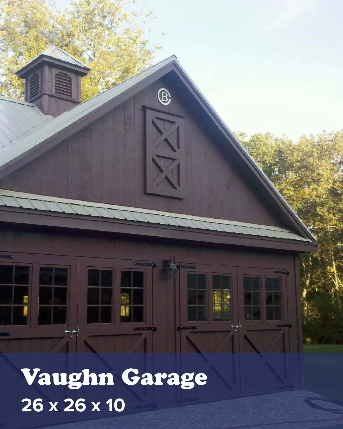 The Vaughn Garage combines a classic timber frame with sturdy metal roofing, a cupola for ventilation, &amp; custom swing-out doors. 
See more on our website!