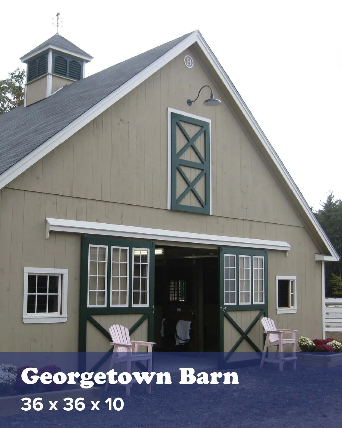 The Georgetown Barn fits six horse stalls &amp; a tack room into a deceptively compact footprint, with high ceilings &amp; a venting cupola for an open feel.
See more on our website!