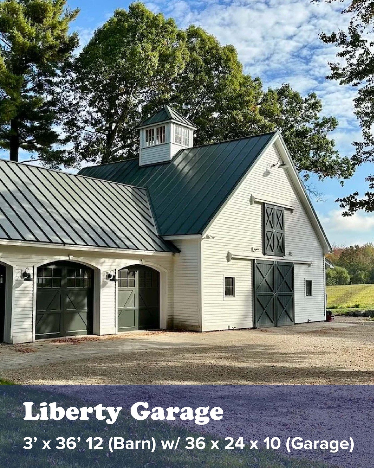 Storage or vehicle space? Why not both? 
The Liberty Garage is a 36&rsquo; x 36&rsquo; x 12&rsquo; storage barn post with a connected 36&rsquo; x 22&rsquo; x 10&rsquo; three-bay garage wing, so you can keep everything together &amp; accessible.