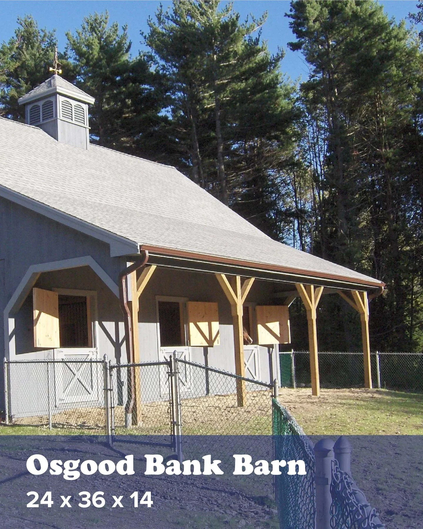 The Osgood Bank Barn is a great example of our customization skills! Our client had specific accessibility requests, so we built a 24&rsquo; x 36&rsquo; x 14&rsquo; bank barn with one 12&rsquo; x 12&rsquo; heated &amp; insulated tack/feed room with o